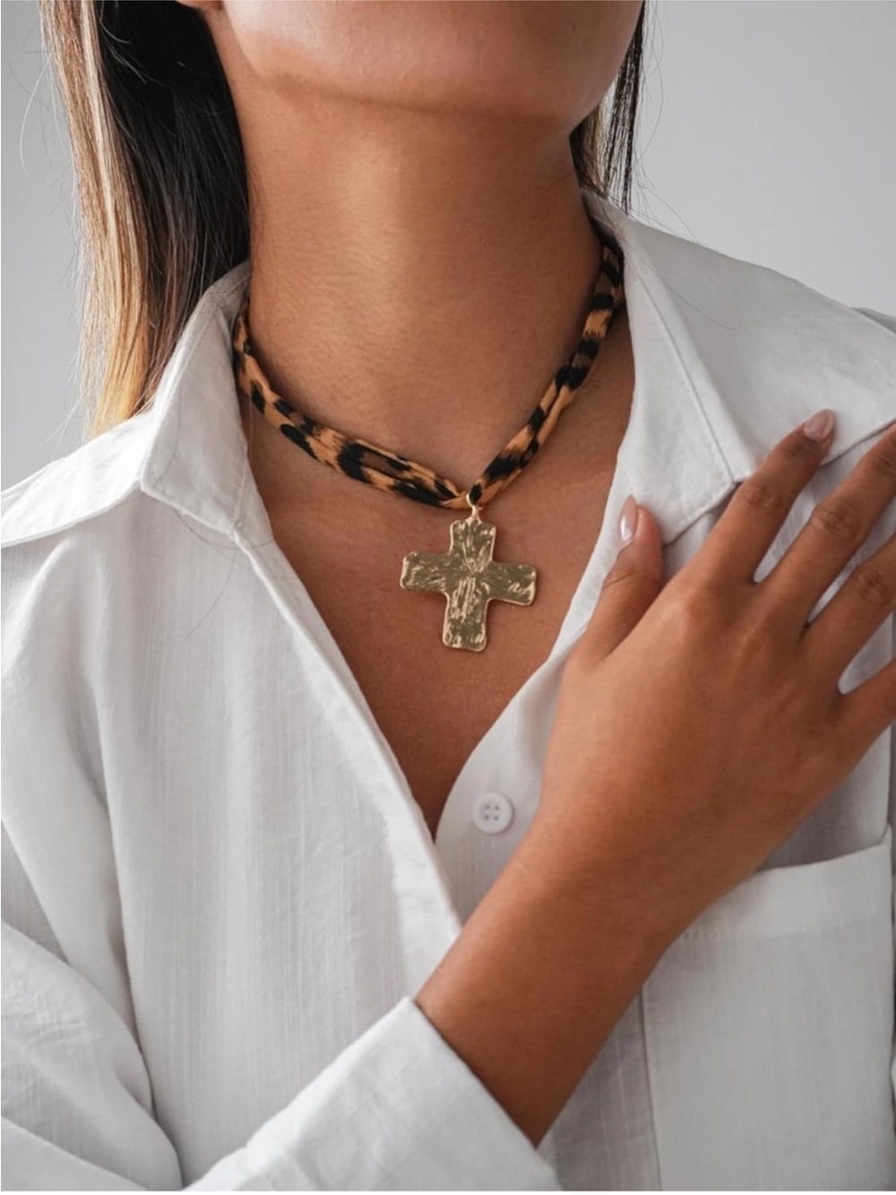New ~ Gold Tone Cross Pendant Necklace with Leopard Print Cord